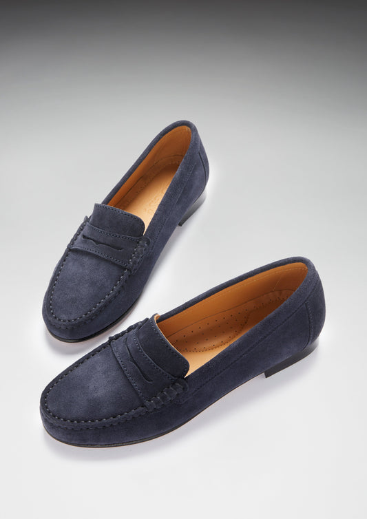 Hugs & Co. Women's Penny Loafers Leather Sole, Navy Blue Suede