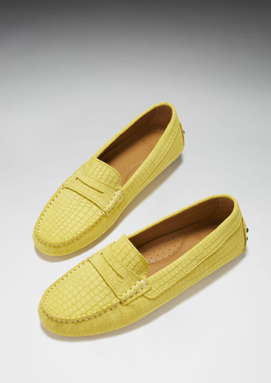 Hugs & Co. Women's Penny Driving Loafers, Yellow Embossed Suede