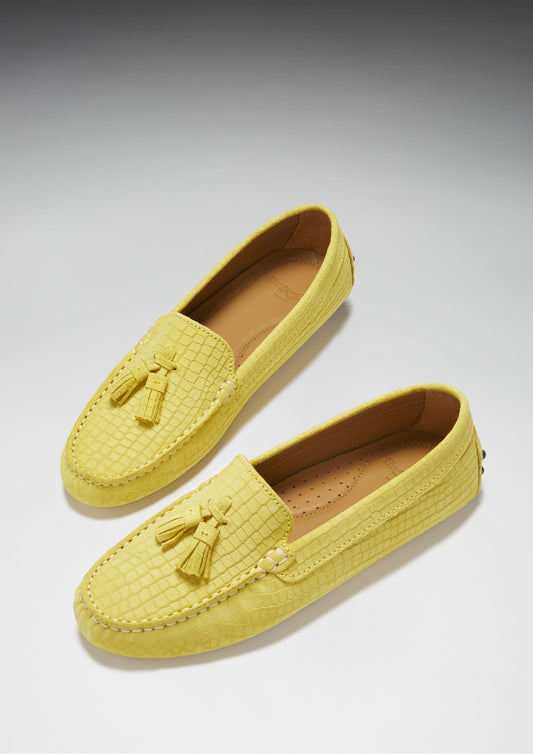 Hugs & Co. Women's Tasselled Driving Loafers, Yellow Embossed Suede