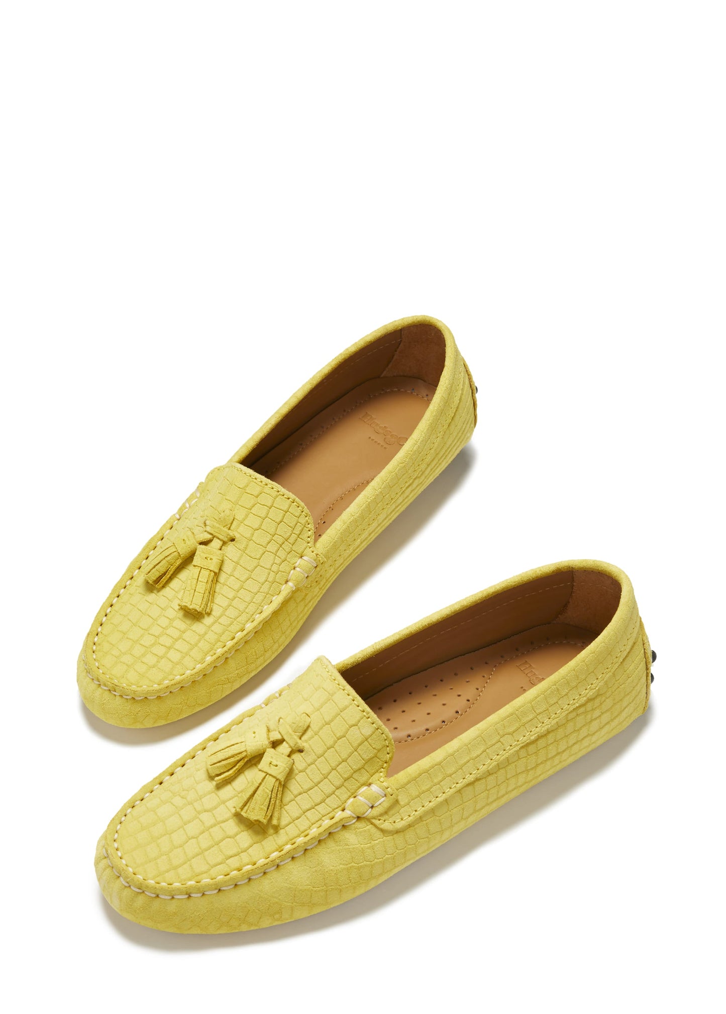 Hugs & Co. Women's Tasselled Driving Loafers, Yellow Embossed Suede