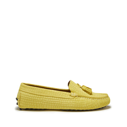 Hugs &  Co.  Women's Tasselled Driving Loafers, Yellow Embossed Suede