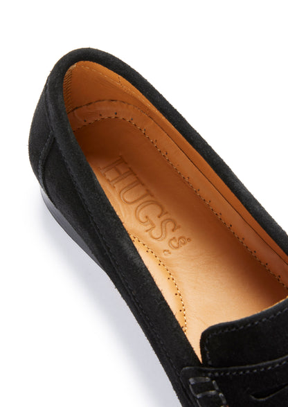 Hugs &  Co.  Women's Penny Loafers Leather Sole, Black Suede