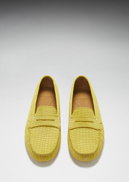 Hugs &  Co.  Women's Penny Driving Loafers, Yellow Embossed Suede