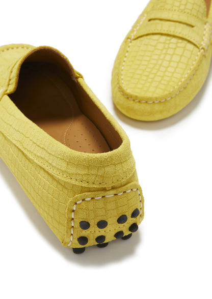 Hugs &  Co.  Women's Penny Driving Loafers, Yellow Embossed Suede