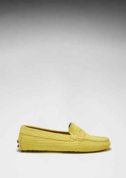 Hugs &  Co.  Women's Penny Driving Loafers, Yellow Embossed Suede