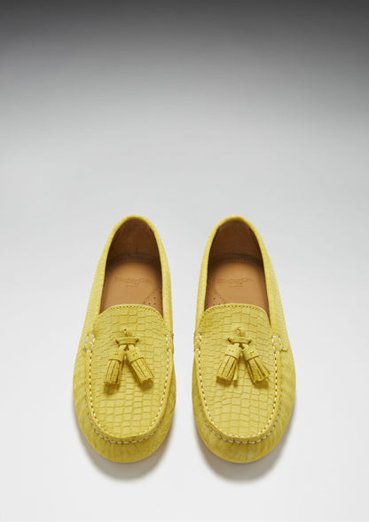 Hugs &  Co.  Women's Tasselled Driving Loafers, Yellow Embossed Suede