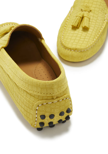 Hugs &  Co.  Women's Tasselled Driving Loafers, Yellow Embossed Suede
