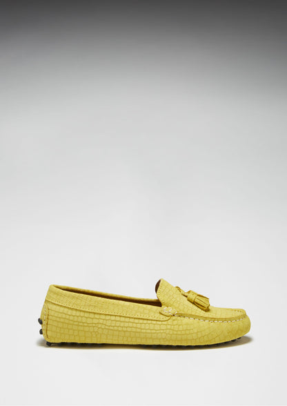Hugs &  Co.  Women's Tasselled Driving Loafers, Yellow Embossed Suede